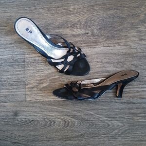 BP. Azalea Open Toe Black Leather Slide Heels.